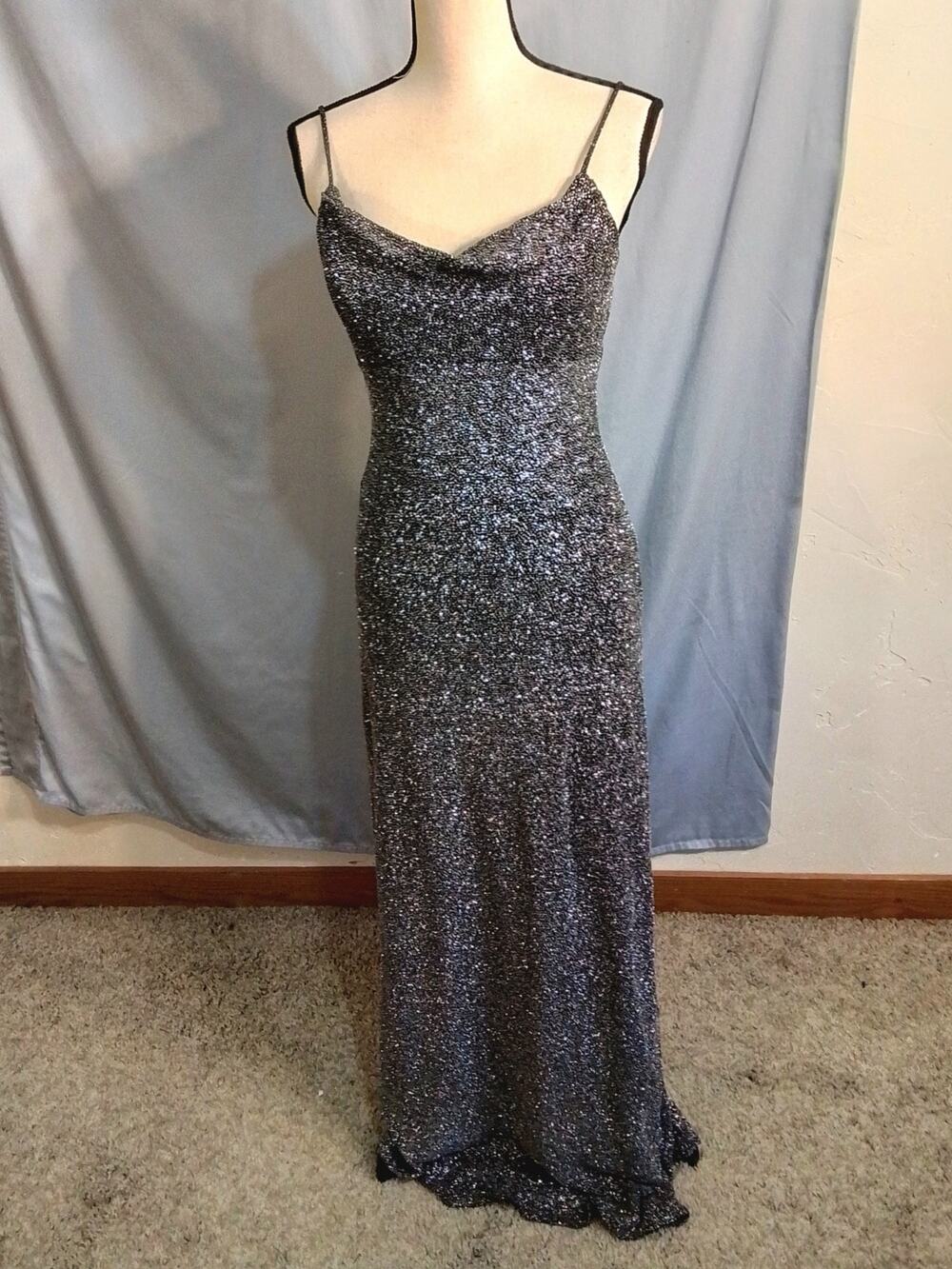 Faviana beautiful black and silver sparkle evening , wedding, prom gown.